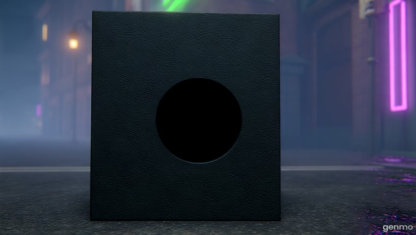 A realistic black cat emerges slowly from a dark matte cube with a round entrance hole, placed in the middle of a foggy urban alley at night. The cat pauses, looks directly at the camera with expressive eyes (one green, one yellow), then gently lifts its right paw and gestures with a slow, human-like “come here” motion — pulling the paw inward, inviting the viewer. The motion should be fluid and natural, with a slight tilt of the cat’s head and a soft blinking animation. Camera starts at medium distance and slowly zooms in. Neon reflections flicker on wet asphalt. Atmospheric lighting, cinematic, no cartoon style. Duration: 10 seconds