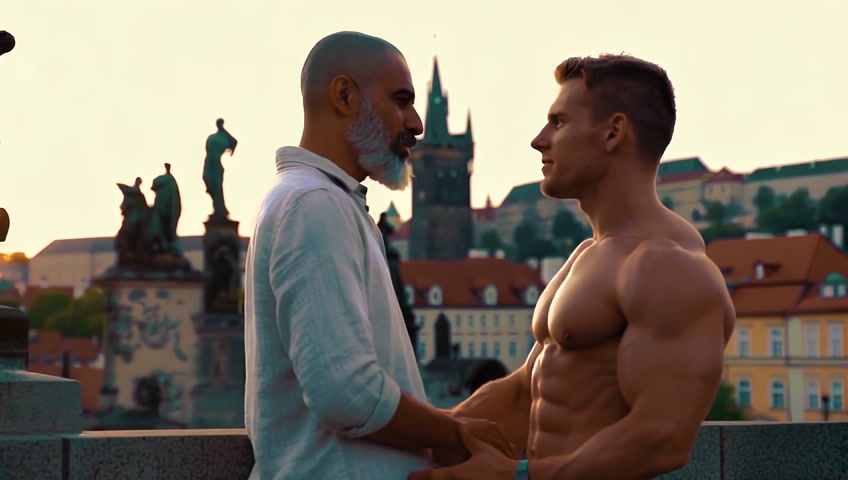 this is a love story between 2 gay man, one is marcos he is 37 years old Brazilian, marcos is tall and have a nice olive skin tone, marcos have grey beard and shaved hair black ayes, marcos has a middle eastern heritage and also a bit of a Italian from the north of Italy, jeff is a 55 year old from united states of America and he has a lot of polish heritage, he is tall and athletic built, muscular with golden skin, they meet in prague.