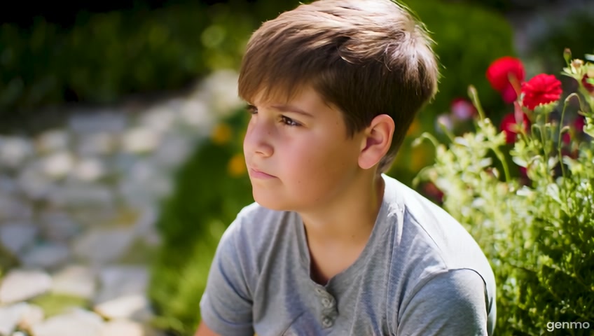 Create a video a boy in dispersion sitting in garden