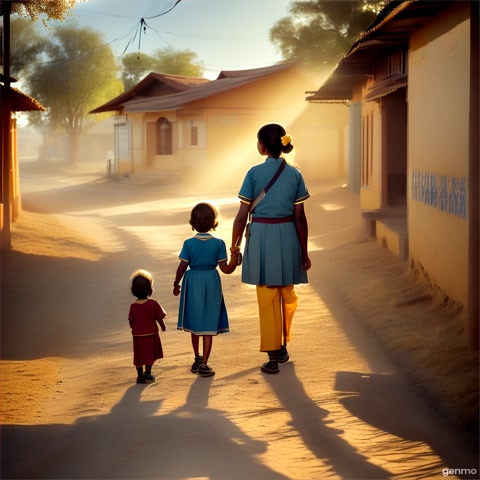 Wide-angle cinematic shot of an Indian village school gate during golden afternoon light, dozens of children exiting, dust particles floating in the air, warm tones, 12-year-old Anya in a sky-blue school uniform walking briskly, pulling her 8-year-old brother Rohan who looks confused and hesitant, soft sunlight casting long shadows, gentle wind blowing dried leaves across the dusty road, camera slowly dollying forward with them, realistic facial features, 35mm lens sharpness, slightly nostalgic mood.
Seed: 24001