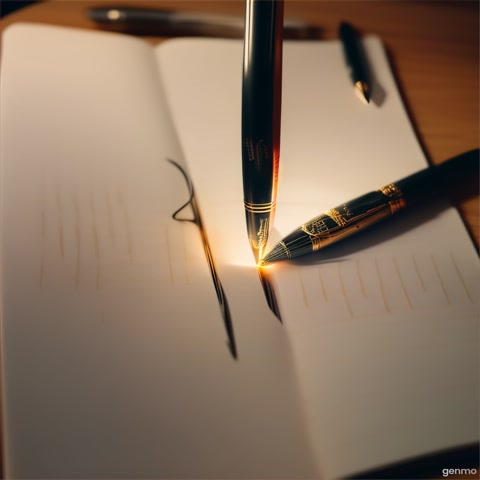 Notebook flips open by itself on the table, pen writing on its own with supernatural motion, glowing slightly.