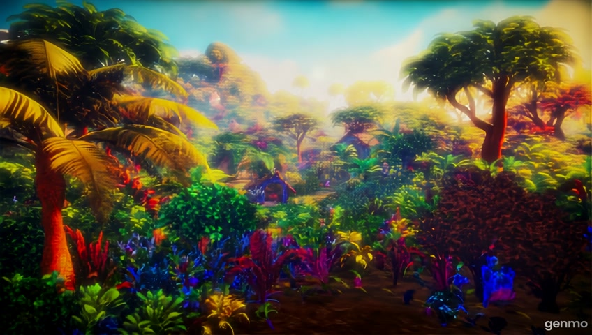 "A colorful jungle in morning light, peaceful trees, birds chirping, cartoon-style setting, ultra detailed 3D HD, vibrant foliage and animal homes"