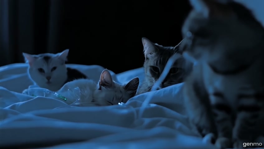 “A cinematic scene of a dying cat on a bed, wrapped in a white blanket, connected to a drip. Two young cats are crying beside it. Dim light, emotional mood.”
