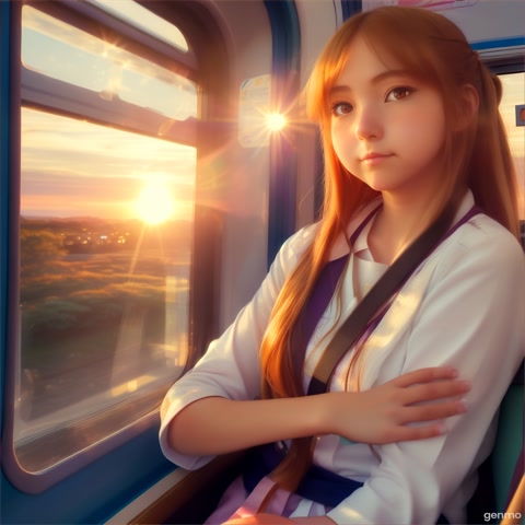 i want a anime girl on a train with a nice sunset, 1 hour long