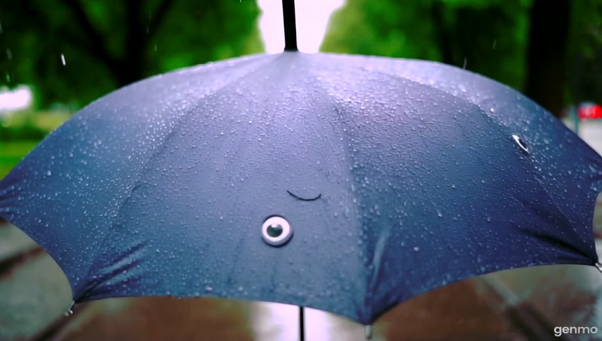 generate a dancing umbrella that is open and rain pitter pattering on top of it. the umbrella has 2 cute bubbly eyes. in the background is a sidewalk slick from the rain and trees on both sides of the dancing umbrella