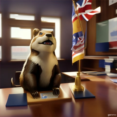A 3D beaver sits at a table in the government and talks about politics, smiles and claps his hands and puts them back. He scratches behind his ear, waves his hands, looks at the camera and enthusiastically tells something to it