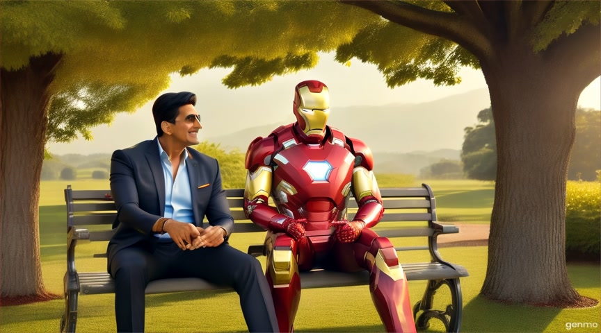 Akshay Kumar and ironman sitting in park.