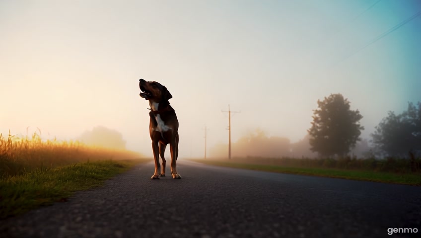 A lonely dog barking on a foggy rural road at sunrise, cinematic style, soft lighting, emotional tone, 9:16 format, slow motion
