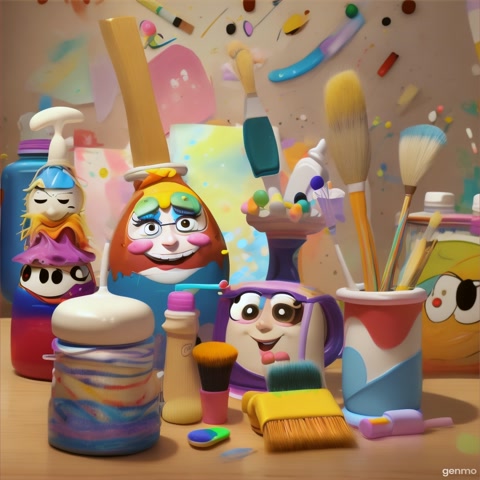Four animated friends arrive: Gluey the glue, Tapee the tape, Brushy the brush, and Patchy the band-aid!