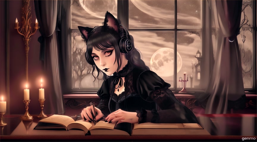 A gothic girl sits alone in her candlelit room at night, surrounded by antique furniture, velvet curtains, and walls lined with dusty books. Rain taps gently against the window, where a full moon glows behind streaked glass. She wears black lace, a corset, and cat-earred headphones, lost in lo-fi music as she scribbles in her worn leather journal. A black cat curls beside her. The scene loops softly—her hair sways, candle flames flicker, raindrops fall. The color palette is muted—deep purples, grayscale, soft blues. A melancholic, cozy, gothic atmosphere, animated in a painterly or 2.5D style, like a moody lo-fi chillhop loop.