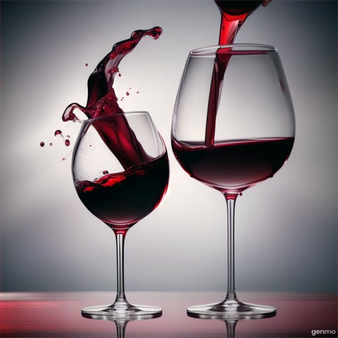 A slow-motion shot of a glass of wine being poured, liquid swirling. The camera focuses on the richness and movement of the wine.