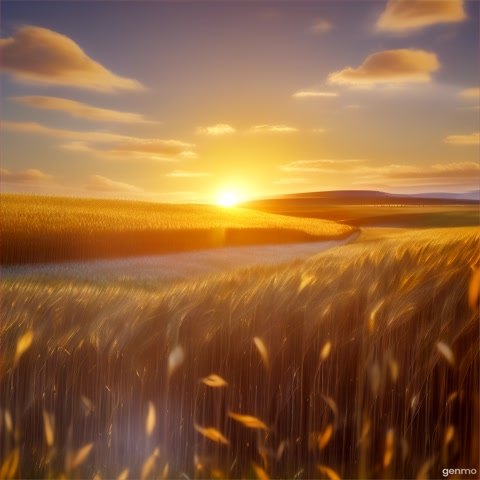 A slow cinematic camera pans through a golden wheat field under a dreamy sky. The wind gently moves the wheat, carrying floating leaves. The lighting is warm and soft, like a magical sunset. Whispered singing echoes faintly in the background, like a lullaby from a distant realm. Peaceful, surreal, and emotional. anime