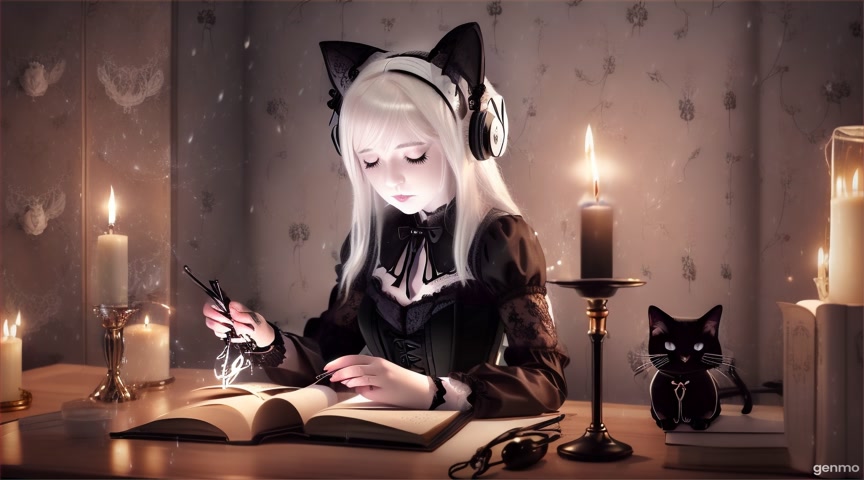 A white haired sexy gothic girl sits alone in her candlelit room at night, surrounded by antique furniture, velvet curtains, and walls lined with dusty books. Rain taps gently against the window, where a full moon glows behind streaked glass. She wears black lace, a corset, and cat-earred headphones, lost in lo-fi music as she scribbles in her worn leather journal. A BLACK CAT sleeps on her desk. Her hair sways, candle flames flicker, raindrops fall. She is looking at her journal. A melancholic, cozy, gothic atmosphere, animated in a painterly style.