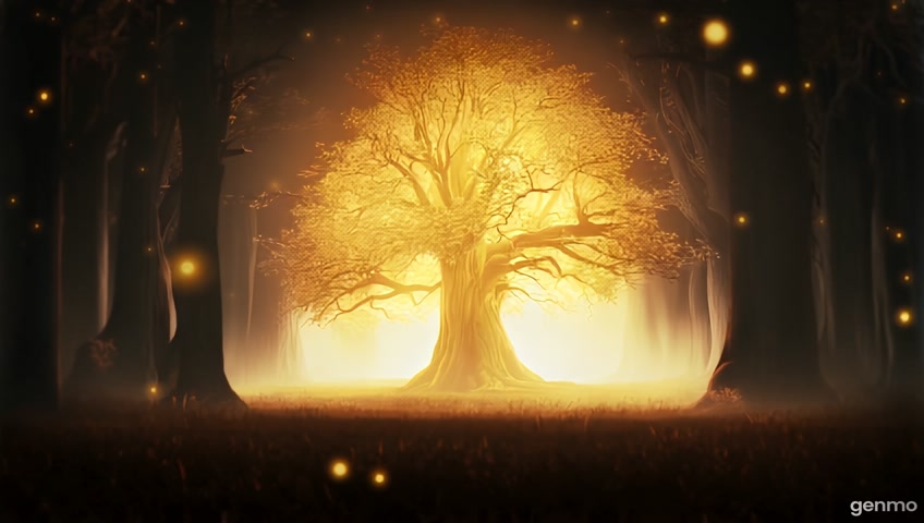 A glowing ancient oak tree in a mystical forest. The tree pulses with golden light from inside, tiny glowing particles float around it. Subtle movement in the branches and mist in the air. Cinematic camera slowly zooms in.