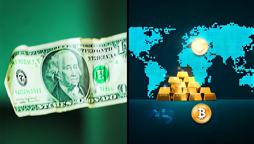 Split-Screen Video Prompt: “The Fall of the Dollar”
Left Screen — U.S. Dollar in Decline (Visual Metaphor):
A dollar bill fluttering down in slow motion, burning at the edges or fading into digital dust.
Close-up of a cracked U.S. Federal Reserve seal, with faint rumbling sounds.
Wall Street ticker board flashing red — sharp drops, downward arrows, panicked traders.
Graph overlay showing the dollar’s value plunging next to a rising BRICS currency line.
Lighting: Cold green tones fading into grey, flickering fluorescent light for instability.
Right Screen — BRICS Currency or Gold-Backed Alternative Rising:
Bright glowing digital coins or notes marked with ₹, ₽, R$, and new BRICS symbol.
World map with BRICS trade routes glowing — dollar symbols fading, BRICS lines growing stronger.
Gold bars stacked in vaults, overlaid with charts trending upward.
Delegates exchanging trade agreements while digital currency icons flash behind them.
Lighting: Rich golds, radiant blues — power, confidence, future.