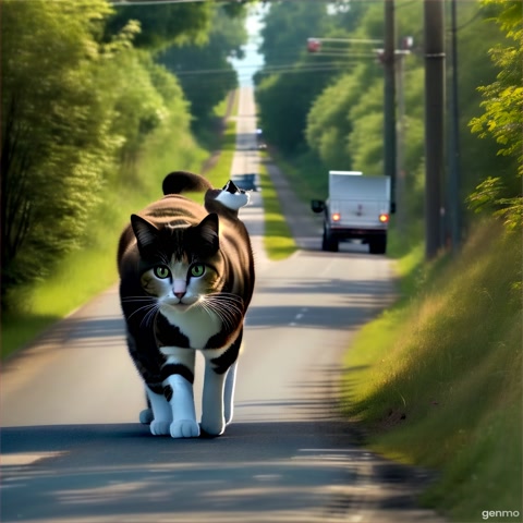 A cat crosses the street in front of a truck, looks at the truck approaching, then runs off peacefully. Make it look like a real scene.