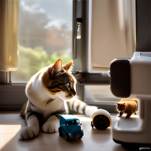 Same scene as before but in reverse, the cat is looking at the truck and greeting it.