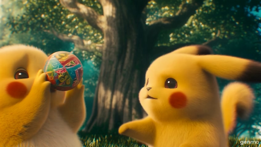two pikachu playing with a ball underneath a tree