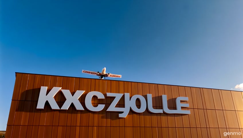 Above the company, with a brown wooden sign on which " Эксполес" is written in white letters, against a background of blue sky, a plane flies with a banner and the inscription on it "С Днём Рождения, Эксполес! "
