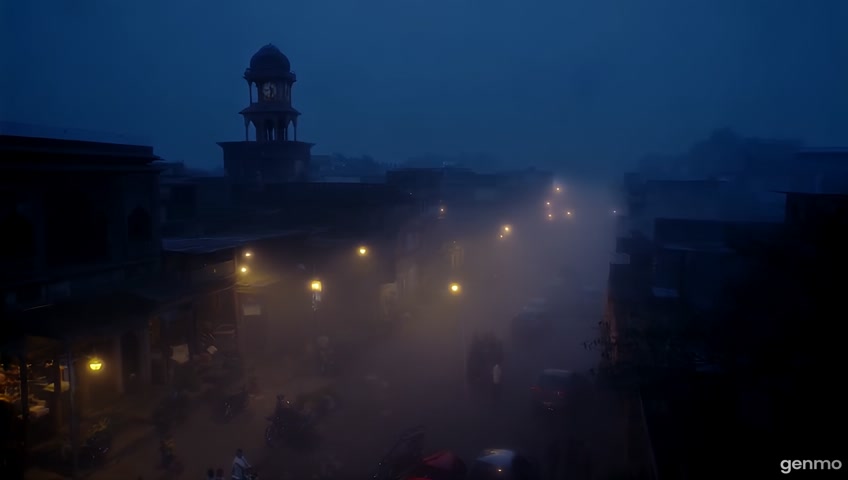 A small mysterious Indian town at dusk, foggy streets, an old clock tower in the background, cinematic lighting, 4K ultra HD