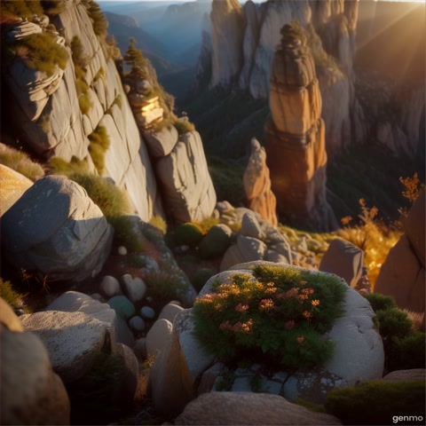 A pedestal shot moves down the face of a tall, rocky cliff. The camera captures the rugged texture of the stone and small plants clinging to the surface, then tilts to reveal a sweeping vista of the valley below.