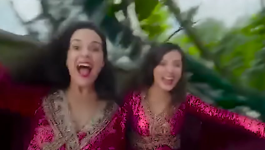 bright social media video, roller coaster car plunging down a steep drop, then whipping around sharp turns, with two attractive adult flirty female women in intricate outfits passengers screaming in excitement.  COHERENT I IMAX CLARITY, CRISP, VIVID.