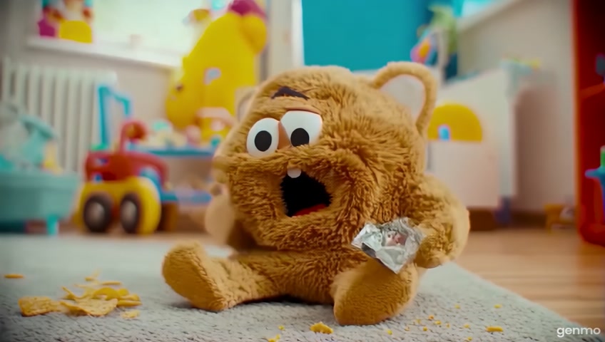 A cute and fluffy toy character like Labubu is sitting on the floor of a colorful, cozy room. The character looks dramatically shocked while holding an empty chips packet. Its eyes are wide open, mouth is open as if yelling "Arayyy!", and its hands are raised in disbelief. Crumbs are scattered on the floor. The camera zooms in slightly as the character reacts. The mood is funny, cartoonish and expressive. Background has toys and bright colors. Slight camera shake as the character says the line