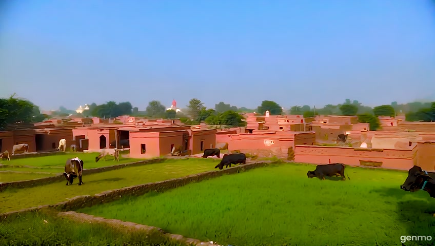 Ek sundar prachin gaon – mitti ke ghar, hare bhare kheth, gaayen char rahi hain, door ek ashram dikh raha hai