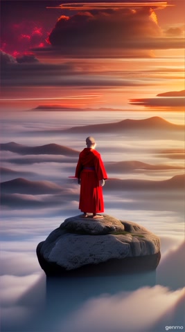 A monk in a red robe stands alone on a floating stone platform above the clouds, glowing ancient symbols circle around him, lightning crackles in the sky, epic orchestral music, slow cinematic zoom, 3D animated surreal atmosphere