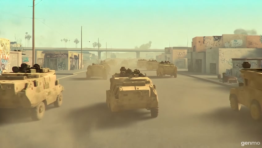 A convoy of modern armored military vehicles driving through a dusty urban street in a Middle Eastern war zone. The vehicles are tan-colored, heavily armored, and moving in a tight formation. The background features weathered, low-rise buildings with a mix of brick and concrete textures, some damaged and with graffiti. Palm trees and an overpass can be seen in the distance under a pale blue sky. The atmosphere is hazy, with a soft light casting minimal shadows, creating a realistic wartime urban environment