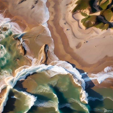 An aerial shot of a coastline where waves create patterns on the sandy beach. The camera moves along the shore, highlighting natural art.