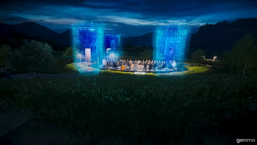 a high quality video prompt of the pillars of a new civilization in the year 2150, featuring the Equilibrium system, a symposium in the Verdant Conclave, scholars dissecting system's pillars like Universal Law, Exergonic Economic Model, Room Accounts, Residual Income Accounts, Collaborative Intelligence, Task Completion Systems, Advanced Agrarian technologies, projected via holographic Nodes, promoting abundance, civility, and connection, replacing greed-fueled chaos with a cooperative ecosystem. Visuals include bio-adaptive amphitheater glowing with luminescent moss, futuristic technology, sustainable agriculture, communal living spaces, transparent and equitable economic interactions, holographic projections, harmonious community interactions, and a world where every citizen thrives. Styles: futuristic, sustainable, cooperative, community-driven, advanced technology, abundance, harmonious, connected, visually stunning, engaging storytelling, concept art, idealistic future, 3D animation.
