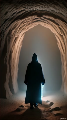 A hooded figure slowly walking through an underground cave filled with glowing crystals and ancient carvings, faint mist in the air, footsteps echo, deep shadows and moody lighting, cinematic fantasy feel