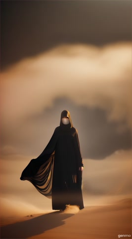 A mysterious veiled woman in black robes walking alone in a sandstorm, glowing eyes slightly visible through the veil, dark golden sky, realistic sand particles flying, deep ambient music, ultra-detailed cinematic visuals, slow-motion movement
