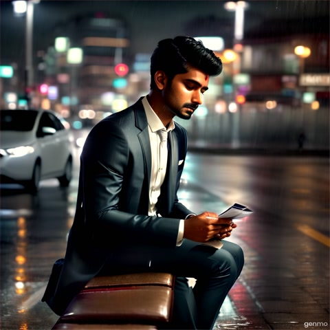 A cinematic illustration of a young Indian man sitting alone on a bench in the rain at night, dressed in formal office clothes with an ID card around his neck. He looks down at a paper in his hand with deep sorrow, as raindrops fall around him. The background features blurred city lights with a moody, dramatic atmosphere. His expression shows emotional pain and reflection, creating a powerful sense of isolation and sadness. Neon reflections and wet pavement enhance the dramatic feel. Shot in low light with soft focus bokeh.