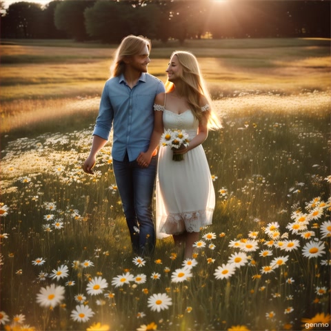 In a beautiful meadow, surrounded by blooming daisies and wildflowers, a couple of lovers are walking hand in hand - a young woman and a young man, husband and wife, tenderly looking at each other. The sun is shining brightly above them, casting a gentle glow on their faces. When we walk together in the meadow, a beautiful blonde girl with long hair smiles at us, holding a huge bouquet of daisies in her hands, her hair fluttering in the wind. Hyperrealistic