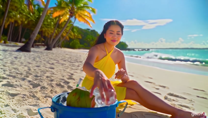 A beautiful Filipina woman in her mid-20s with long, flowing black hair and a glowing tan skin tone sits on a sun-drenched tropical beach in the Philippines. She wears a breezy yellow summer dress.
In the foreground, a cold, dewy can of Tasco Young Coconut Juice with Pulp (310ml) stands upright in a metal bucket filled with ice , the condensation dripping slowly, highlighting how cold and refreshing the drink is.
The Filipina woman reaches into the bucket with a smile, picks up the can, and slowly brings it to her lips. She takes a long, satisfying sip as the camera zooms in slightly, showing her blissful expression.
The beach features white sand , gently swaying coconut palm trees , and a turquoise ocean sparkling under the sun.
Camera captures soft sunlight flares, slow motion of the woman drinking, and glistening water in the background.
Mood : Refreshing, natural, tropical, thirst-quenching.
Lighting : Bright tropical daylight with golden highlights.
Length : 7 seconds.
Style : Cinematic, commercial advertisement style