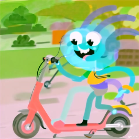 He's riding a scooter