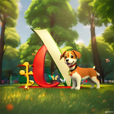 A cute cartoon-style puppy standing happily in front of a big bold letter 'D' in a sunny green park. The puppy has bright, expressive eyes and a wagging tail, wearing a red collar with a gold tag. Colorful butterflies flutter around, and playful bones are scattered on the grass. The background has soft sunlight, bokeh light effects, and tall pine trees. The scene is joyful, kid-friendly, and vibrant, perfect for alphabet learning visuals.