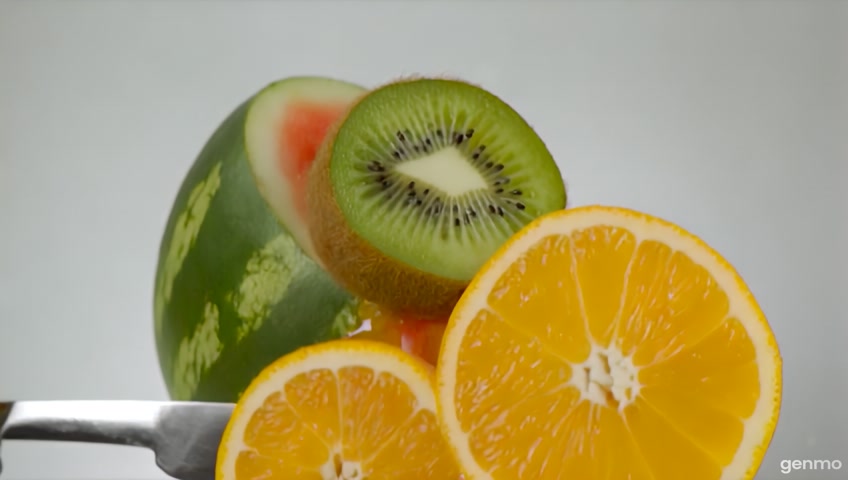 "A cinematic slow-motion video of watermelon, apple, kiwi, and orange being sliced by an invisible sharp glass in mid-air.
Juices splash dramatically, white studio background, ultra-realistic lighting, 4K
resolution."