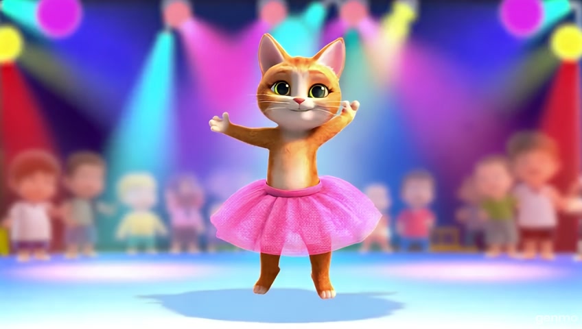 a cute kitten dancing ballet on stage, cartoon style, HD”