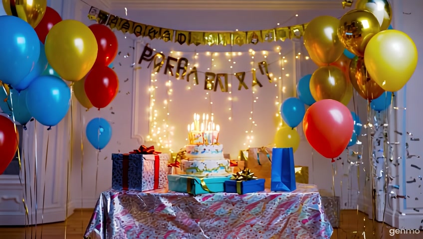 A photorealistic festive birthday scene with a large banner that says in Greek: "Χρόνια Πολλά Γέροντα Παΐσιε". The room is decorated with colorful balloons in red, blue, yellow, and gold, hanging garlands, and falling confetti. In the center is a big multi-tiered birthday cake with lit candles, sitting on a table covered in a cheerful tablecloth. Surrounding the cake and scattered across the floor are many birthday presents: shiny large gift boxes with ribbons, small elegant gift bags, and one huge present with a big bow. The atmosphere is warm, joyful, and full of celebration, with string lights adding a cozy glow