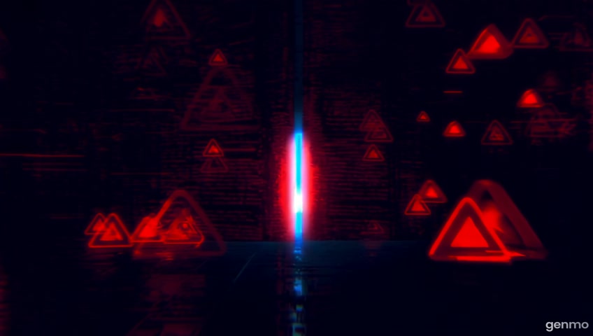 A dark digital world full of glitch effects and red warning signs. Code fragments float in the air. A mysterious portal begins to open in the center, emitting blue light. Cyberpunk style, 2D animation
