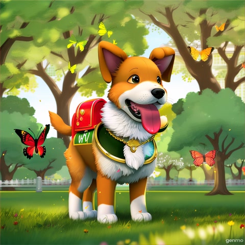 A cute cartoon-style puppy standing happily in front of a big bold Capital letter 'D' in a sunny green park. The puppy has bright, expressive eyes and a wagging tail, wearing a red collar with a gold tag. Colorful butterflies flutter around, and playful bones are scattered on the grass. The background has soft sunlight, bokeh light effects, and tall pine trees. The scene is joyful, kid-friendly, and vibrant, perfect for alphabet learning visuals.
