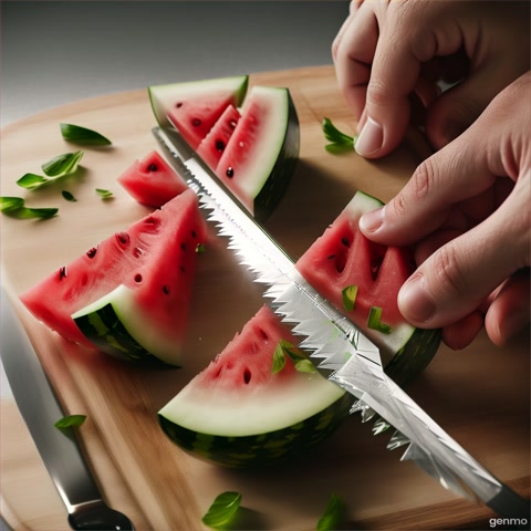 PROMPT -> A hyper-realistic

cinematic close-up of a whole, full-shaped [Watermelon] made of transparent glass with a soft light-colored outer hue -for example, pale yellow for a banana, light red for an apple, gentle orange for a carrot. The glass fruit is perfectly centered on a wooden cutting board, glowing subtly under studio lighting. A human hand is clearly visible, holding a sharp stainless steel knife just above the fruit, ready to slice. In slow motion, the knife makes the first clean slice through the glass fruit - the front section breaks off cleanly with delicate glass-crack sounds. Then, the knife immediately makes a second slice, cutting another piece smoothly. Transparent shards scatter lightly trom both cuts. ASMR slicing sounds only -no talking, no music. Only the hand, knife, and fruit are visible. Ultra-sharp macro lens, shallowdepth of field, cinematic lighting, 1280x720 resolution, 30 FPS