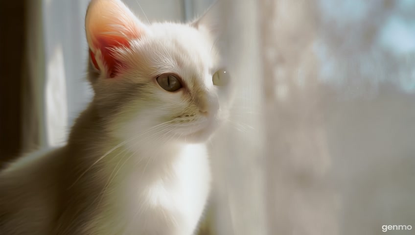 A small white kitten sits on a window ledge looking outside. Her eyes are soft and hopeful..
