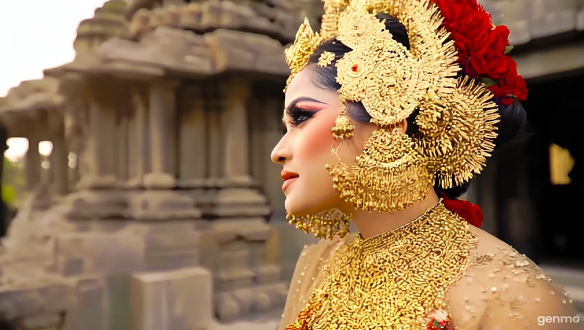 Indian Goddess with heavy jewellery walking in front of ancient temple