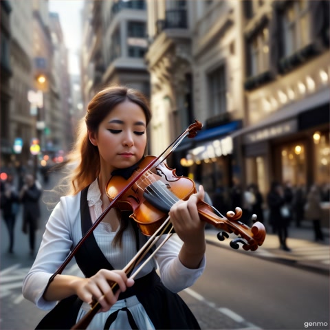 A close-up shot of a violinist playing passionately on a street corner. The camera captures emotion in the musician's face and movement of the bow.