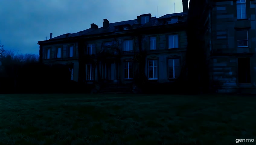 A dimly lit, ominous view of a luxurious two-story villa mansion at dusk. The architecture is classic and grand, with large windows that reflect a gloomy, overcast sky. Shadows stretch long and distorted across a well-kept but seemingly deserted lawn. The mansion exudes an air of mystery and slight decay, with perhaps some overgrown vines creeping up the stone walls. The lighting is predominantly dark and moody, with subtle hints of cold, bluish light emanating from within some of the windows. A slow, panning camera movement across the facade of the mansion will enhance the eerie atmosphere. Emphasize the silence and stillness of the scene, creating a sense of foreboding