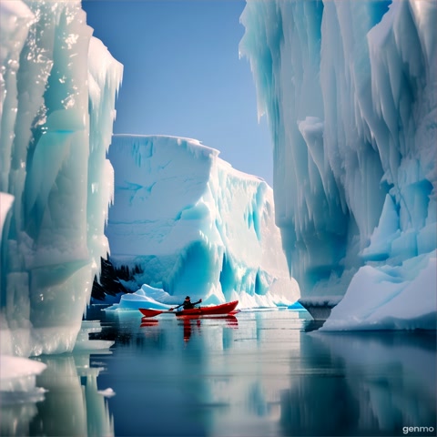 A dynamic shot of a kayaker navigating through icy waters dotted with icebergs. The camera follows the journey, highlighting adventure.